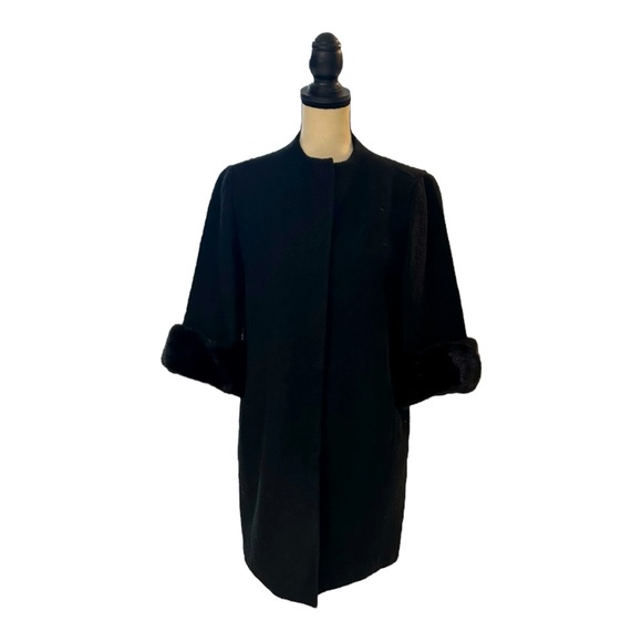 Elie Tahari 3/4 Sleeve Mink Cuff Black Wool Coat - Picture 1 of 14